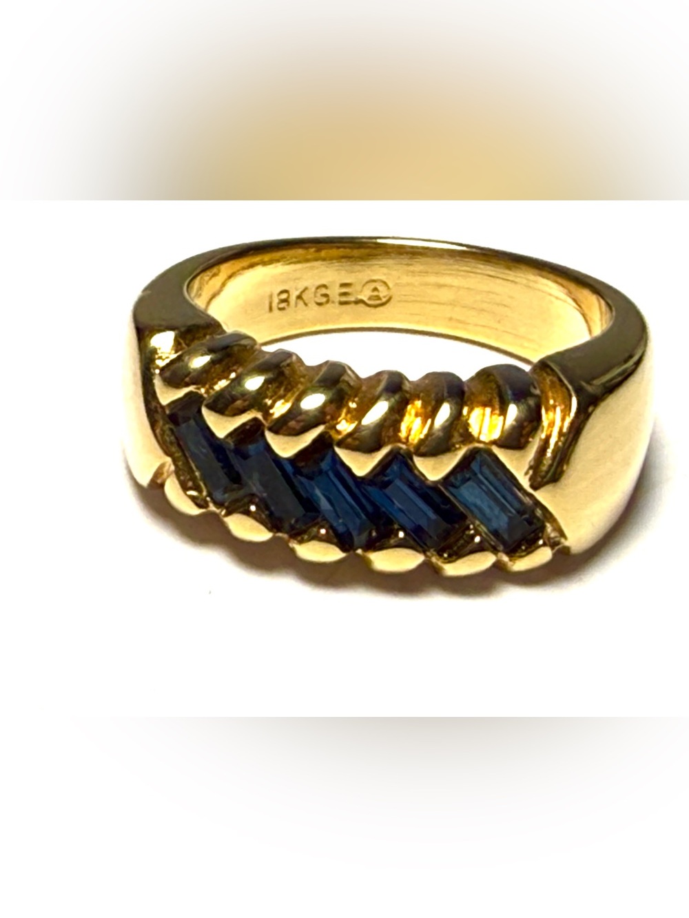 18K Gold GE Blue Sapphire Baguette Band Ring 7